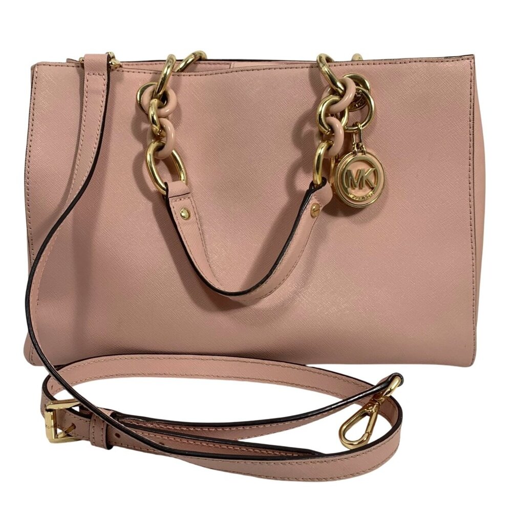 Michael Kors Cynthia Blossom Pink Gold Saffiano Leather Med Satchel Shoulder Bag